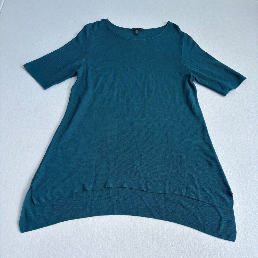 Eileen Fisher Tunic Sweater Women's L Teal Blue Knit Short Sleeve Tencel Lyocell